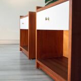 Pair of bedside tables, mahogany, white laminate and brass, 1970