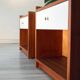 Pair of bedside tables, mahogany, white laminate and brass, 1970