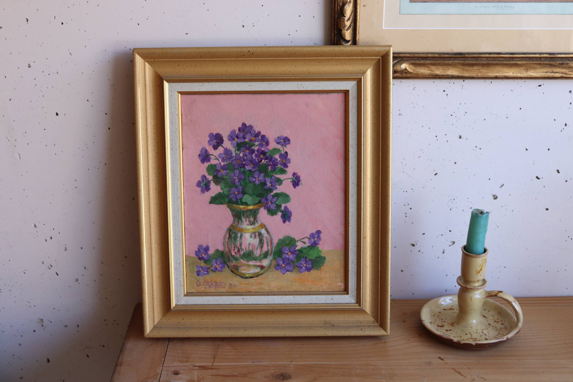 Framed oil on canvas – still life with violets