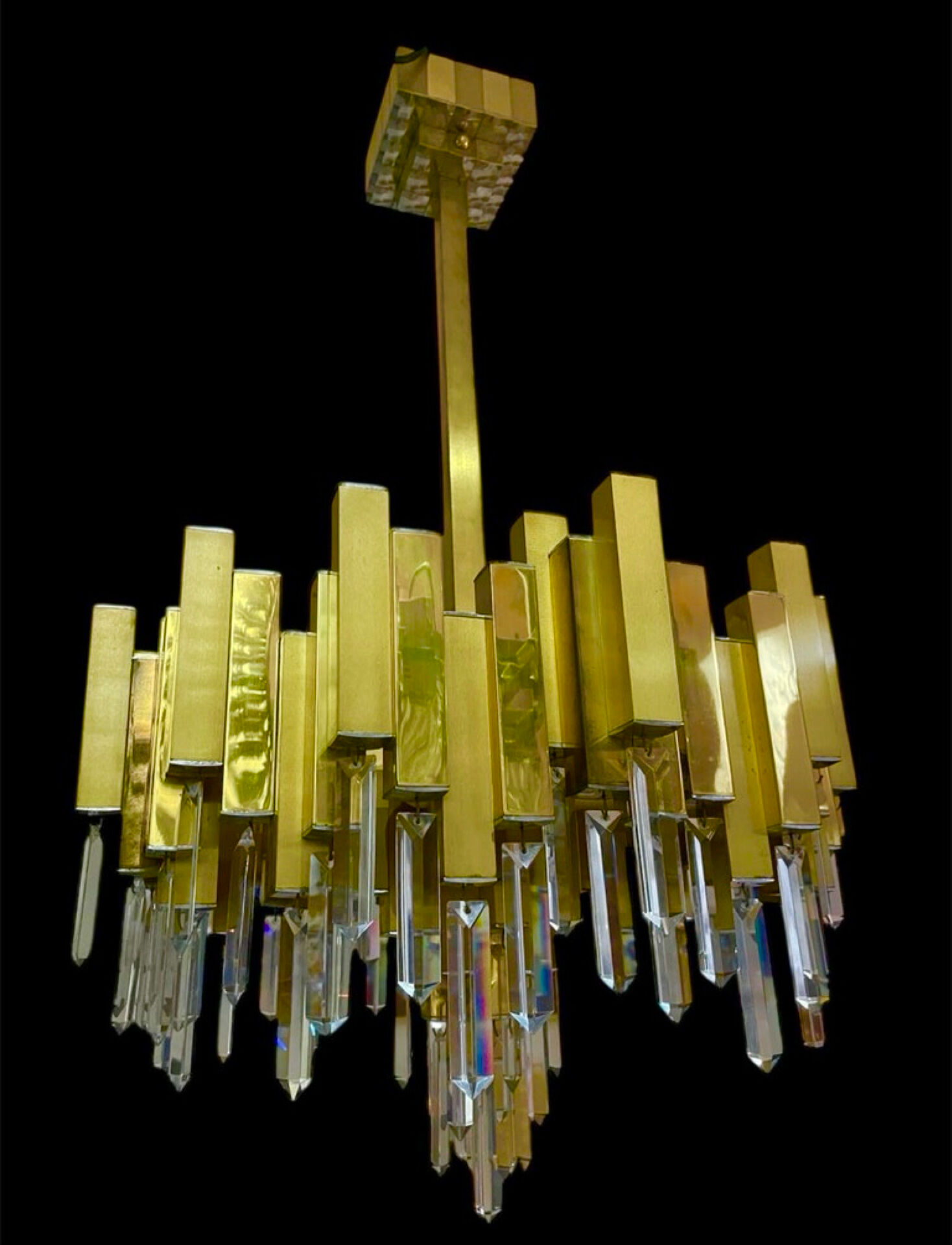 Rare 1970s Lumica chandelier in brass and crystal.