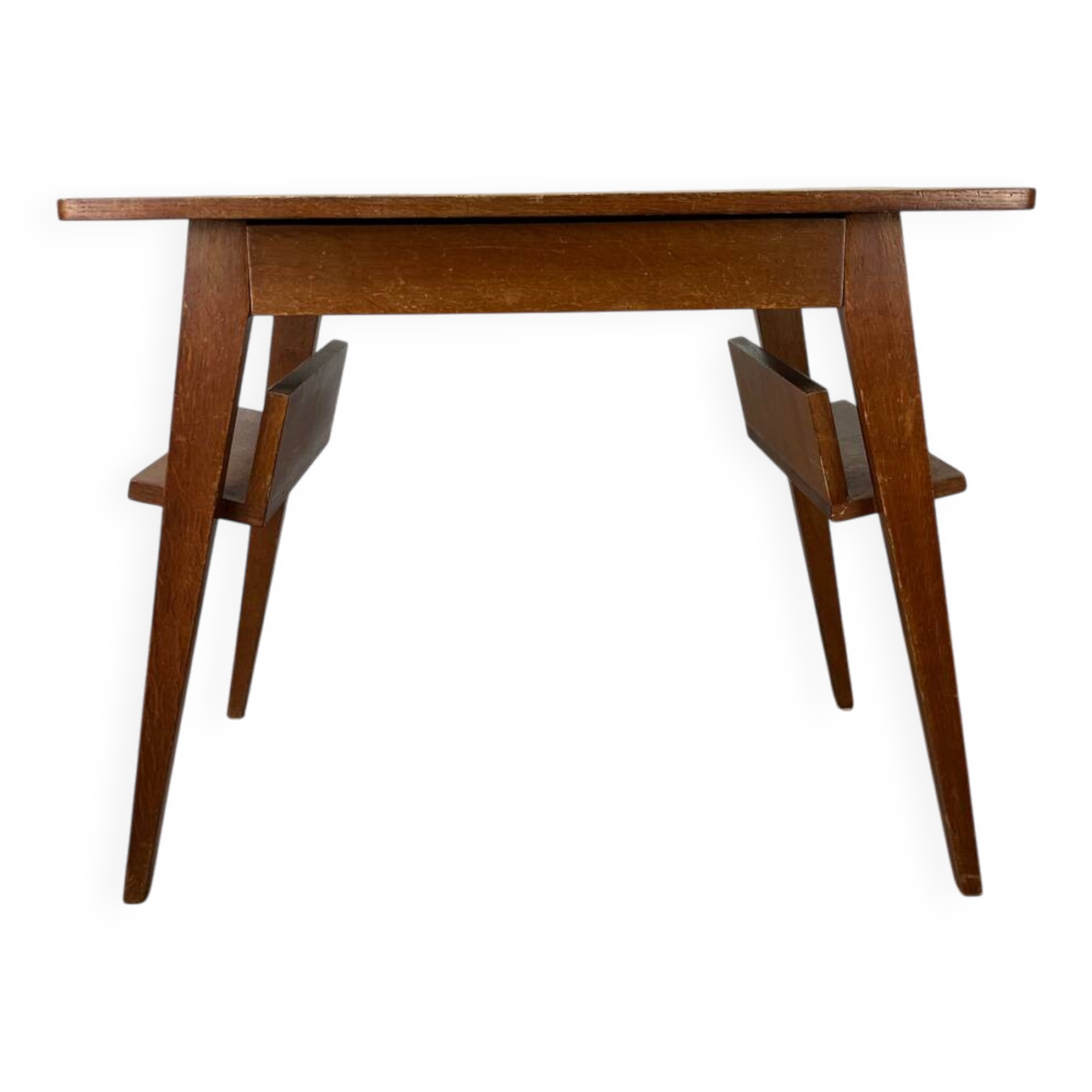 Compass leg desk, 1950s wood reconstitution style.