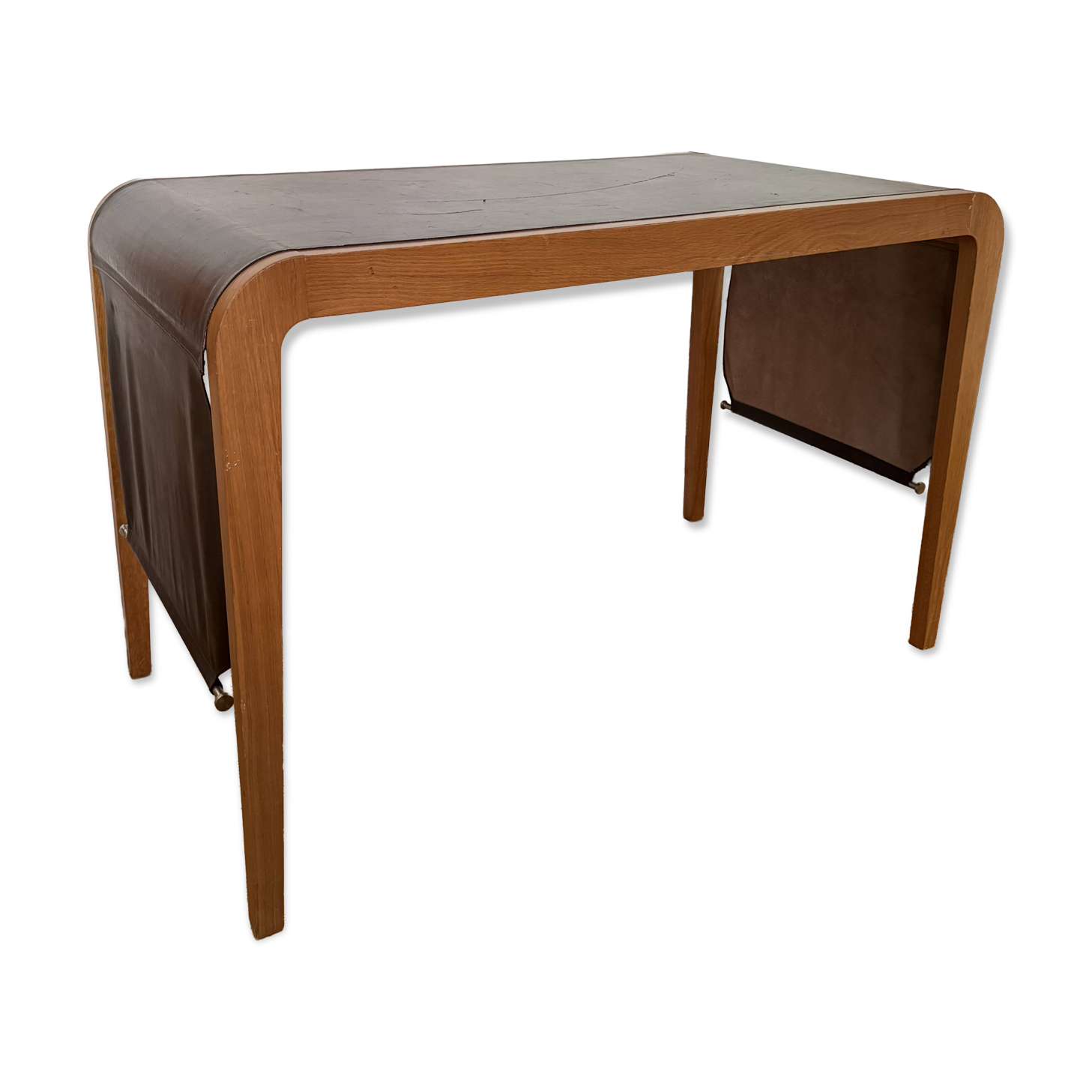 Vintage curved wood and leather desk – 1970s/80s