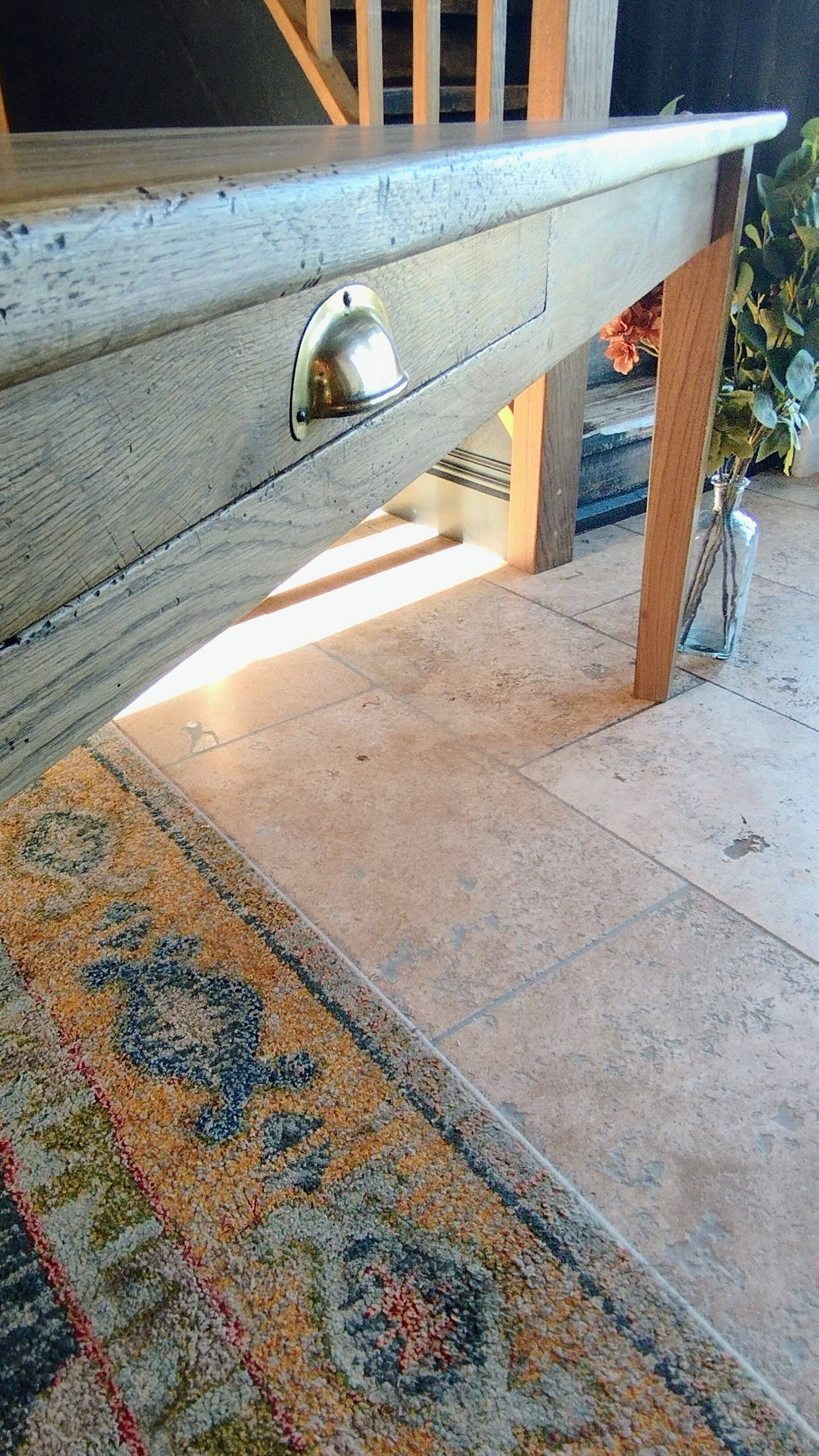 Solid oak farmhouse table with central drawer and extension