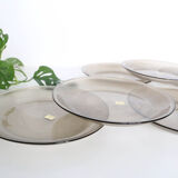 Set of 6 flat plates Arcoroc, in gray smoked glass, vintage French