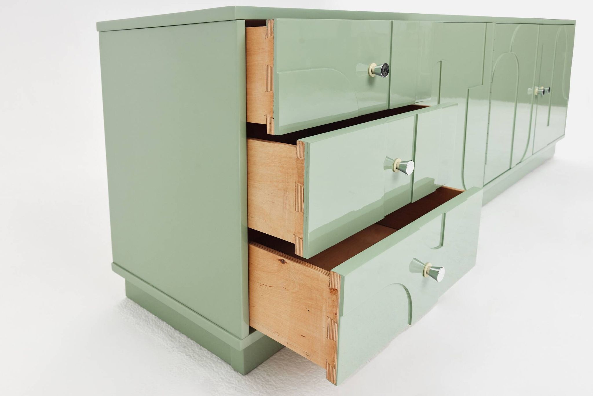 1970s Vintage Sideboard, Pastel Green, Relief, High-Gloss Finish, Chrome
