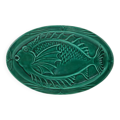 Vallauris - Grand plat ovale « poisson » en faïence et couverte verte