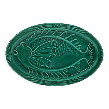 Vallauris - Grand plat ovale « poisson » en faïence et couverte verte