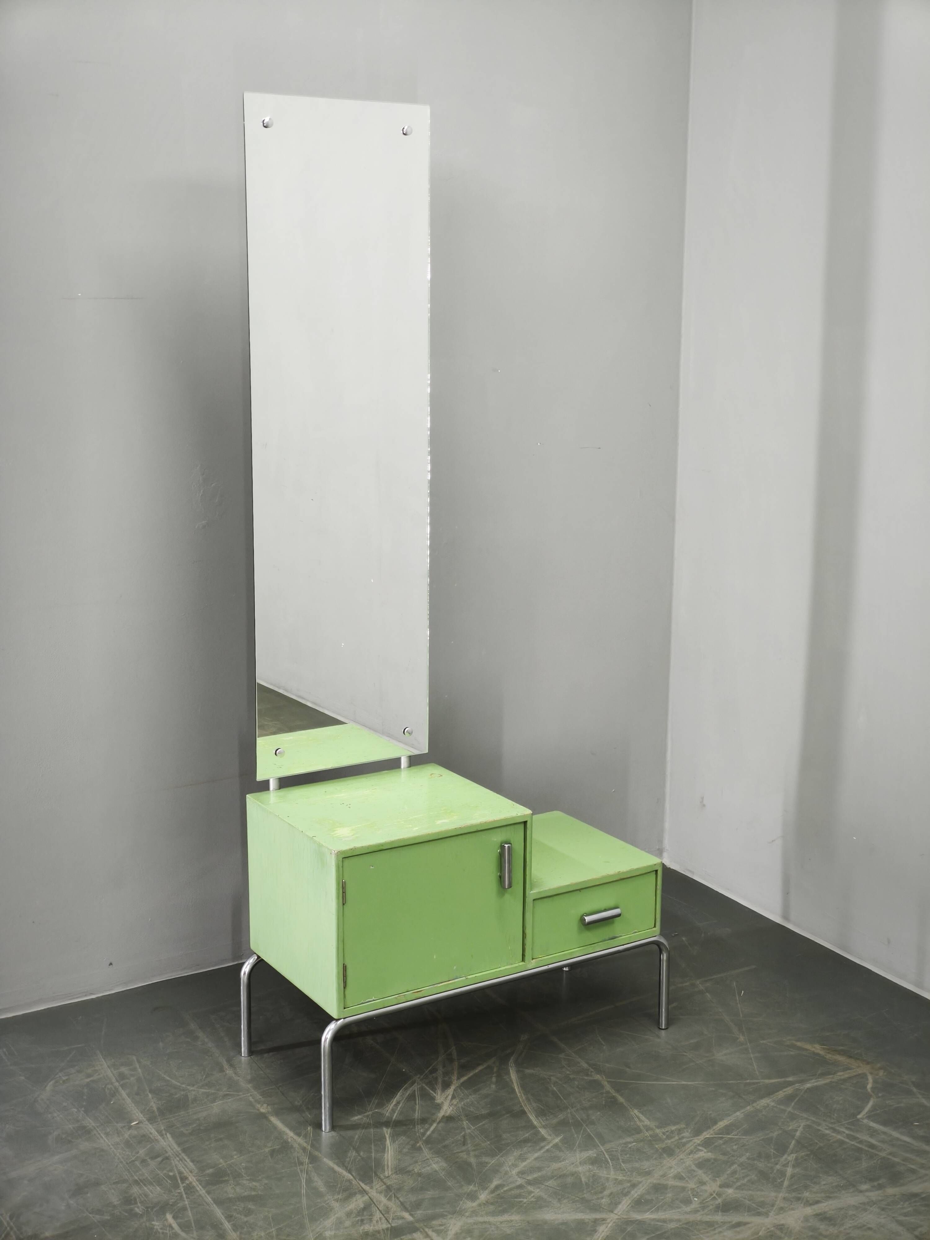 Bauhaus Czech Green Vanity Table with Mirror and Chrome Frame, 1930s