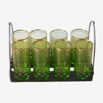 Plateau et verres vert vintage