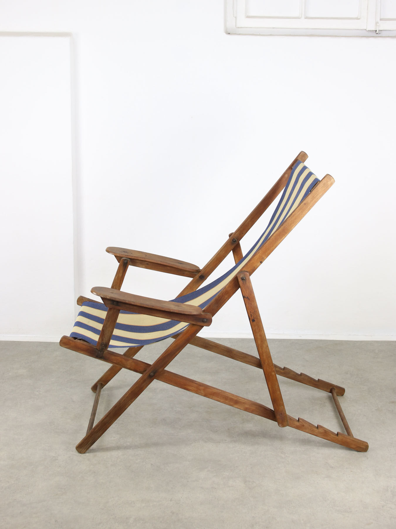 Chaise longue italienne pliable vintage en bois et tissu, années 80