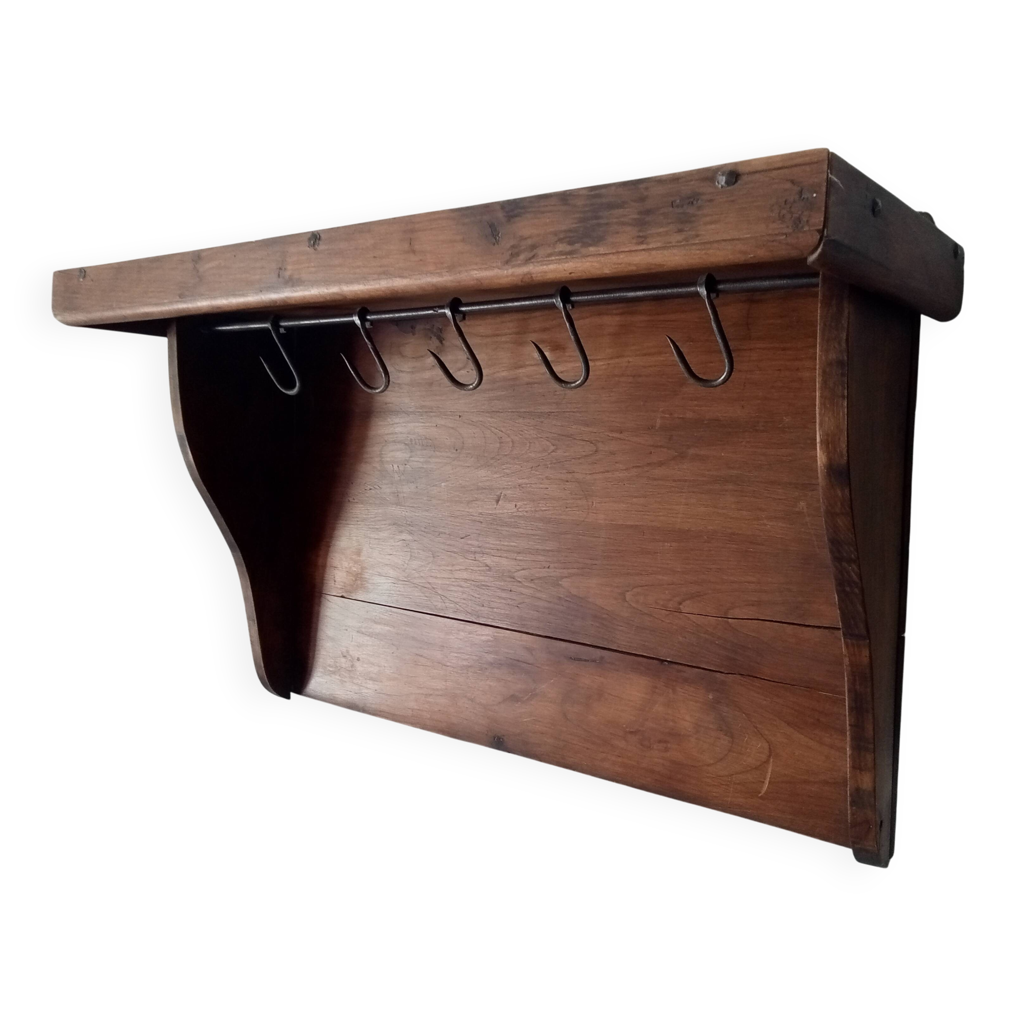 Antique wall shelf in solid chestnut with butcher's hooks