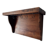 Antique wall shelf in solid chestnut with butcher's hooks
