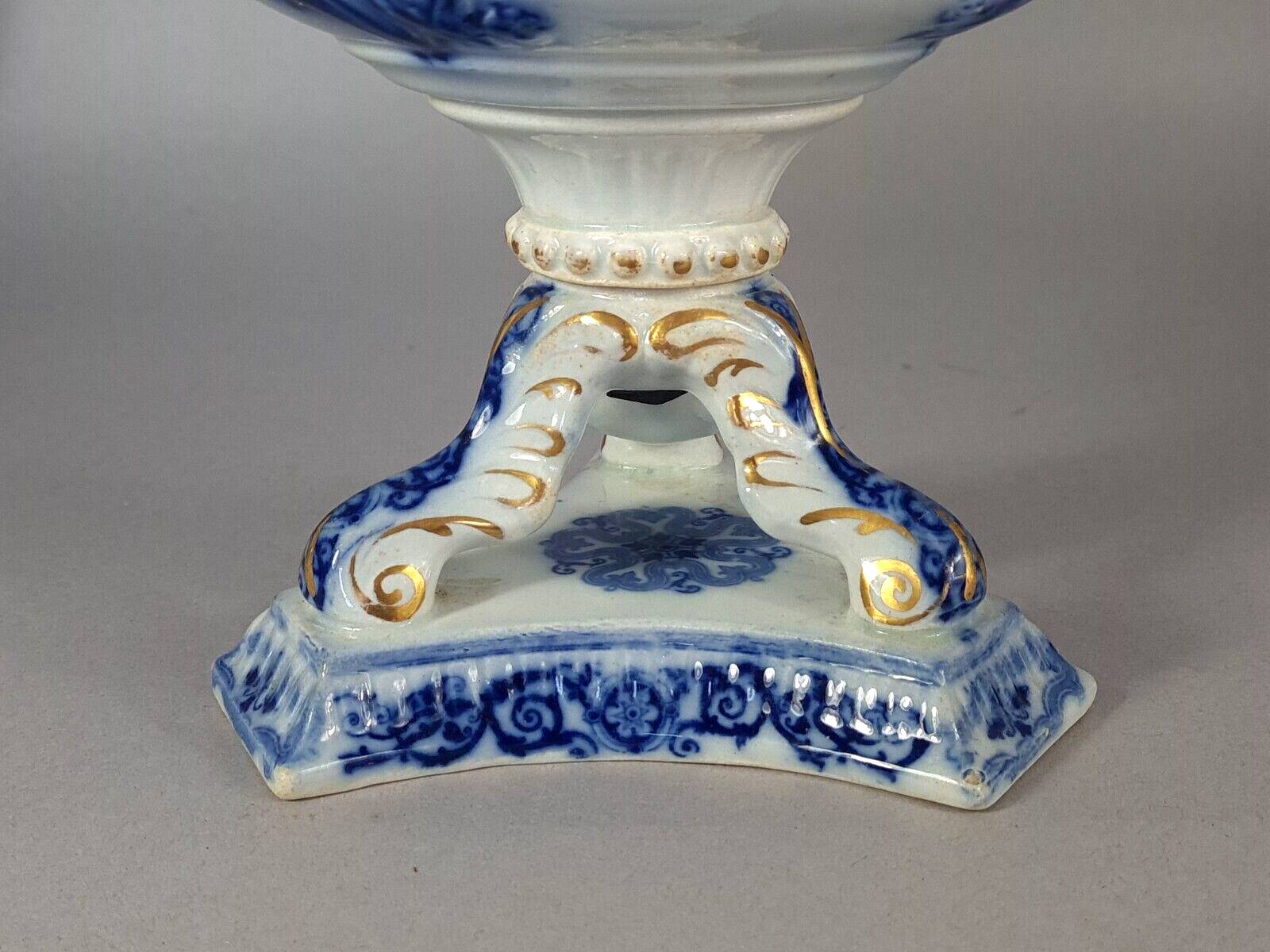 Beautiful covered tripod compote dish in blue and gold earthenware from the late 19th century SC