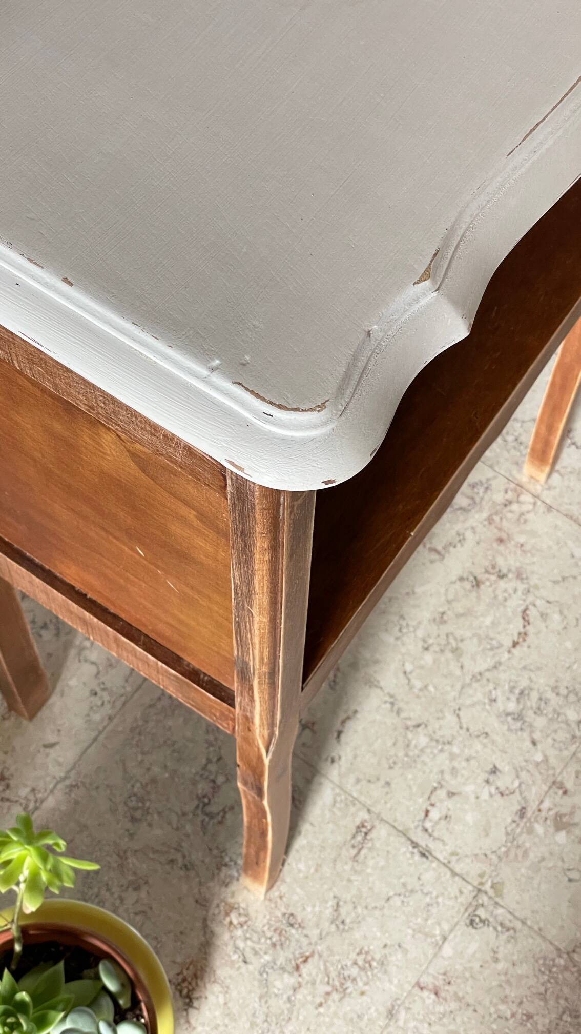 Vintage white and wood bedside table