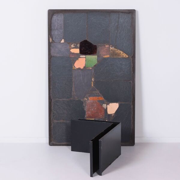 Table basse rectangulaire par Paul Kingma avec ardoise, céramique colorée et laiton, années 1970.