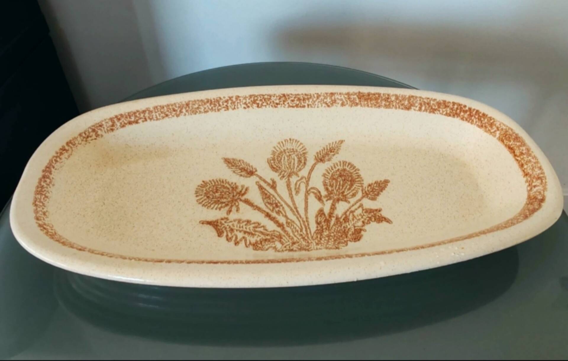 Large Oval Antique Ceramic / Stoneware Dish with Floral and Thistle Decoration