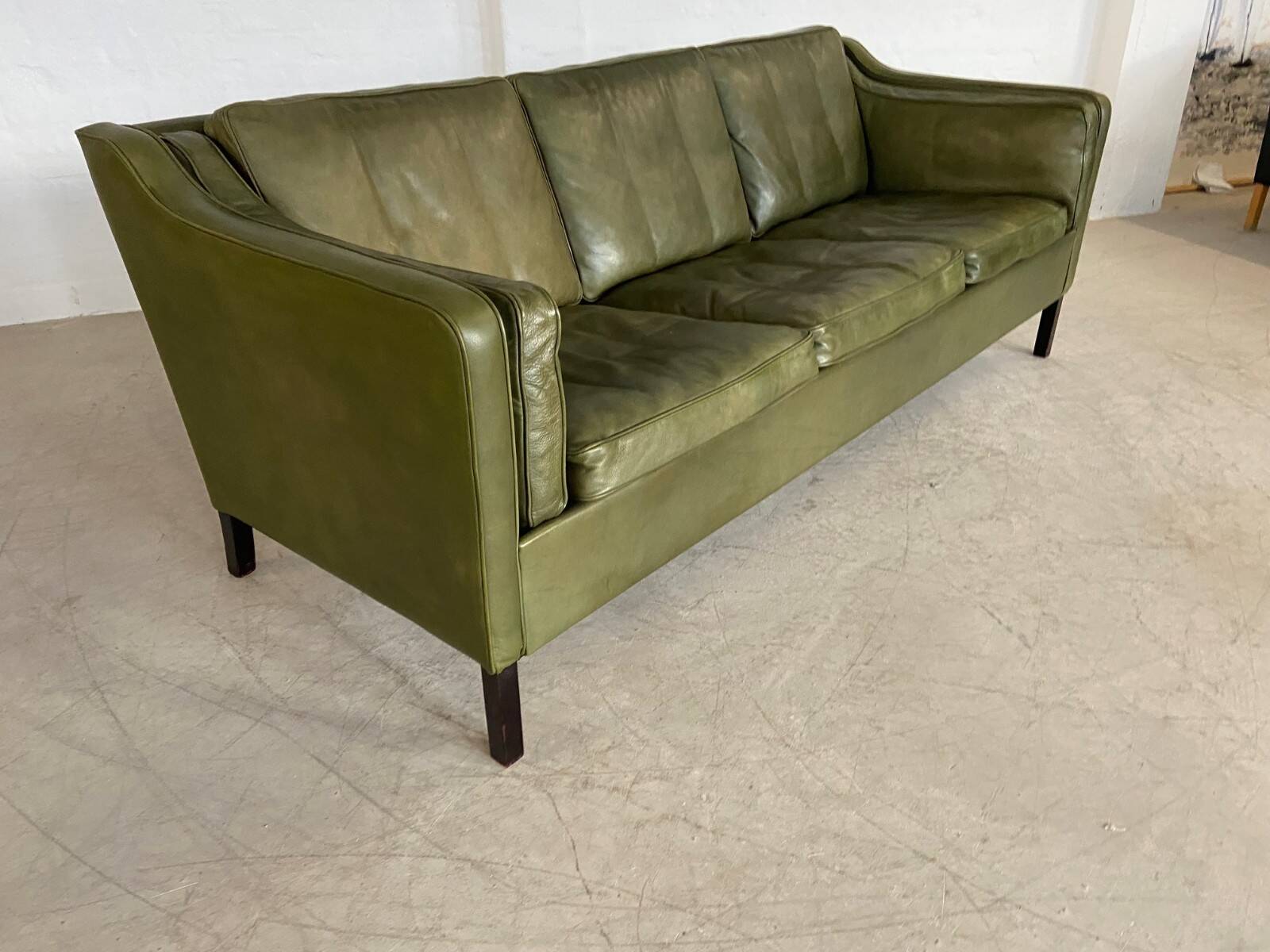Canapé vintage danois Mogens Hansen en cuir vert olive des années 60