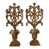 Paire de candélabres anciens en bois sculpté et doré, 5 lumières, XVIIIe siècle