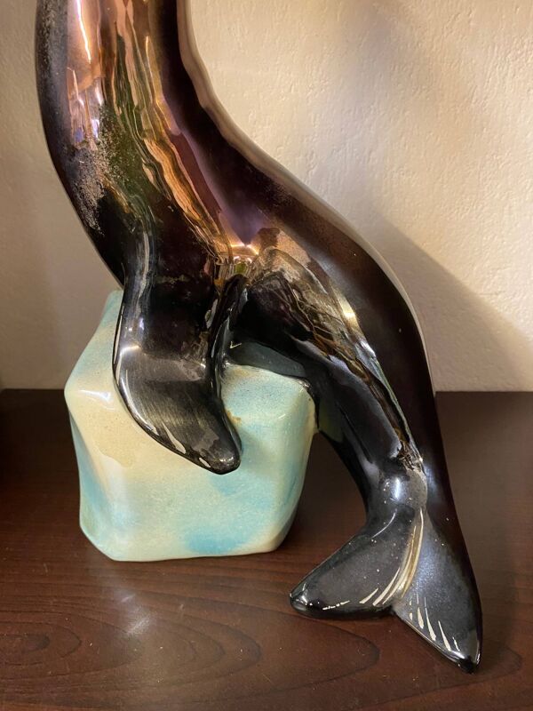 Lampe otarie en céramique années 50 email vernis noir signée