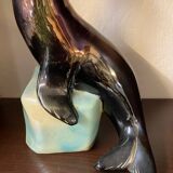 1950s Ceramic Sea Lion Lamp with Black Varnished Enamel, Signed
