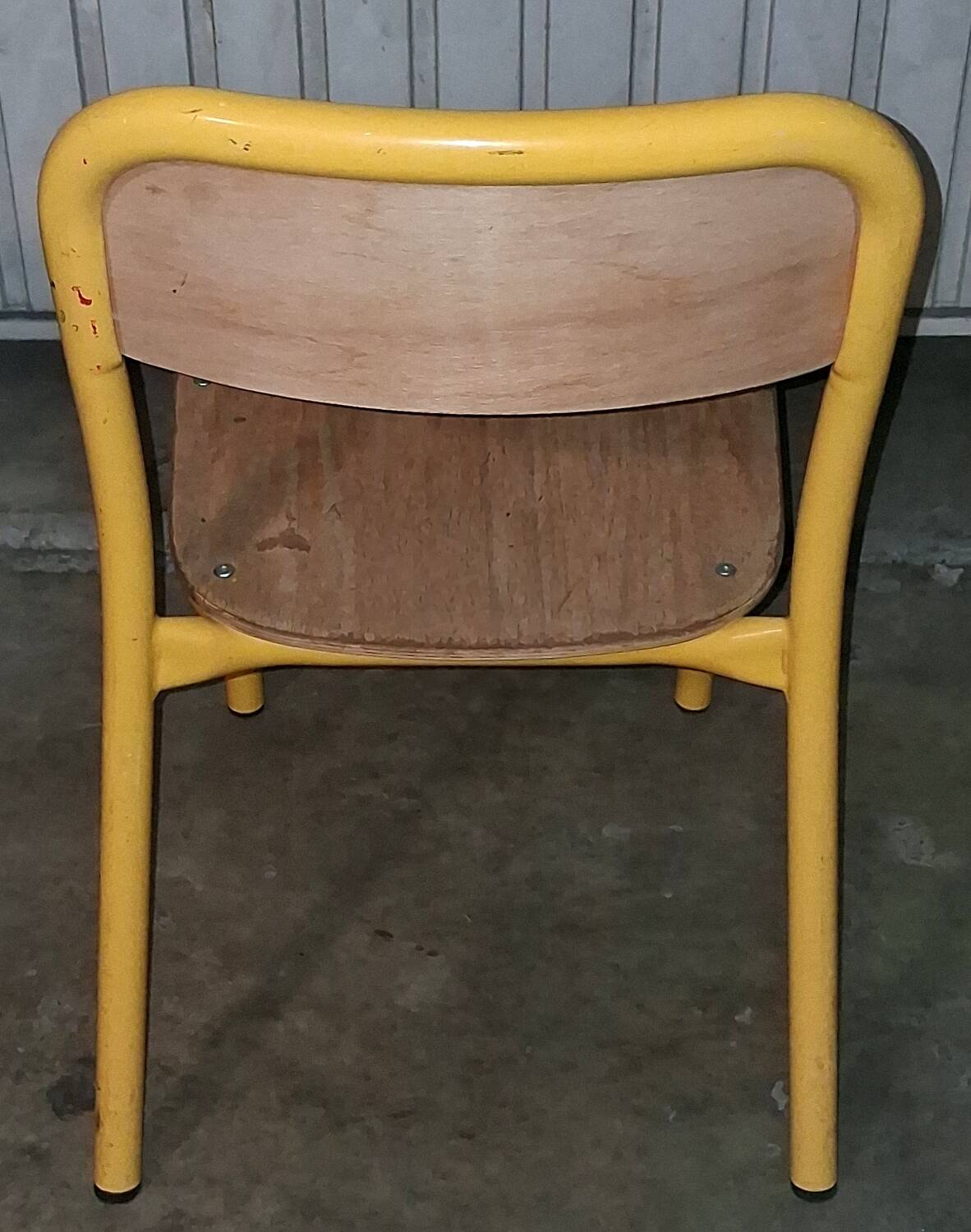 Pair of school chairs, wood and yellow metal, industrial decor.