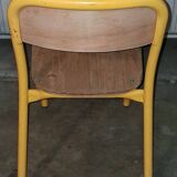 Pair of school chairs, wood and yellow metal, industrial decor.