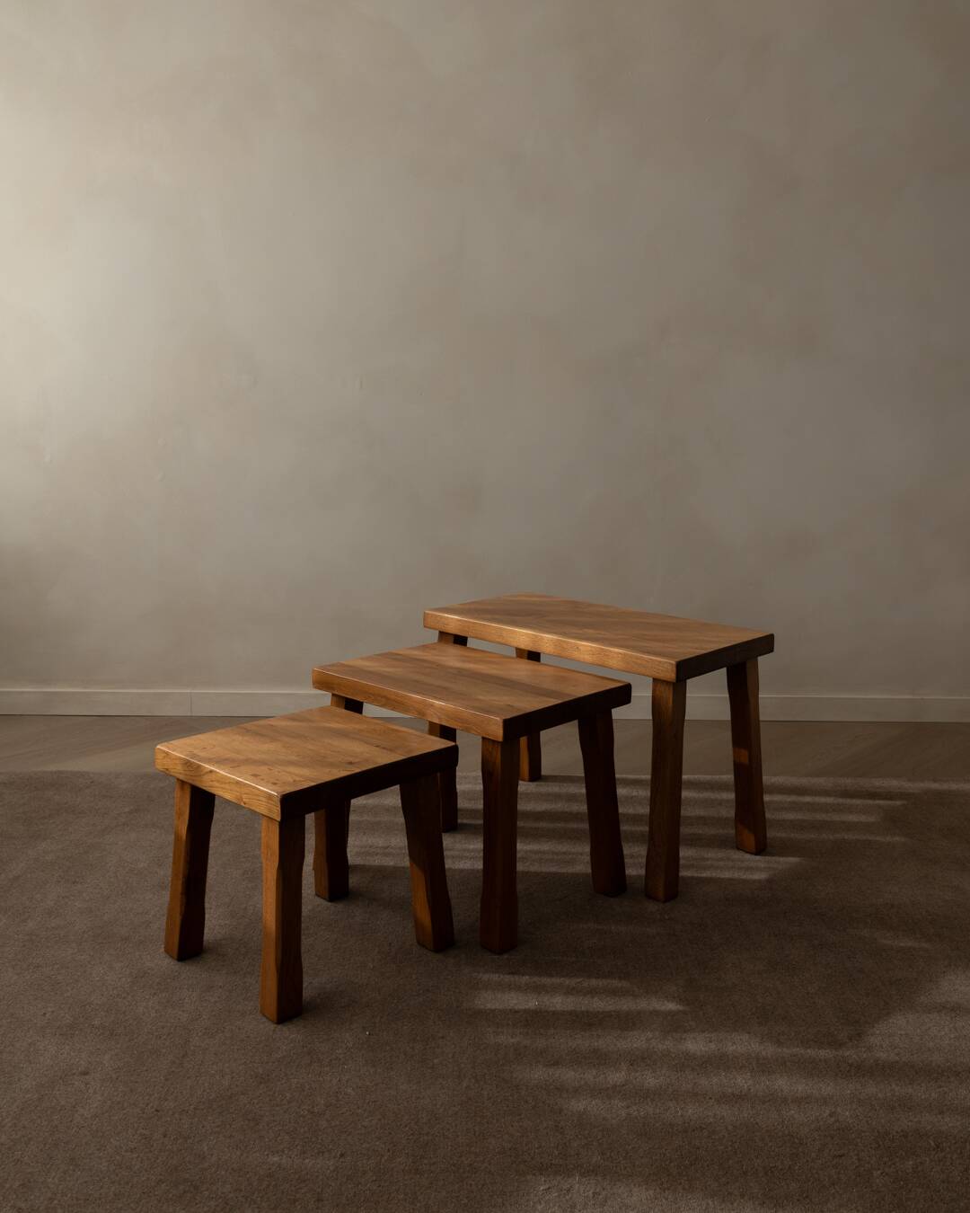 Brutalist Solid Oak Nesting Tables (Set of 3) – Dutch 1970s