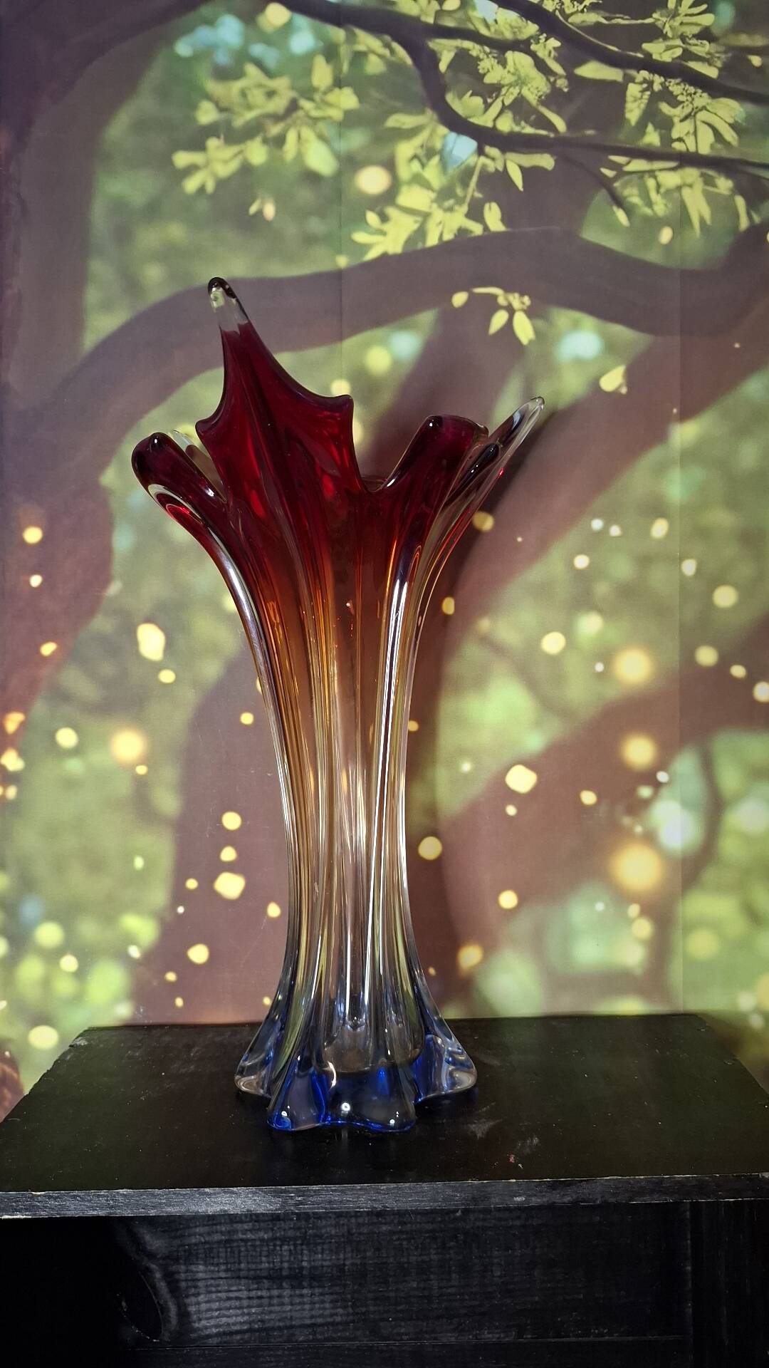 Murano glass vase, blown, gradient red, original antique label.