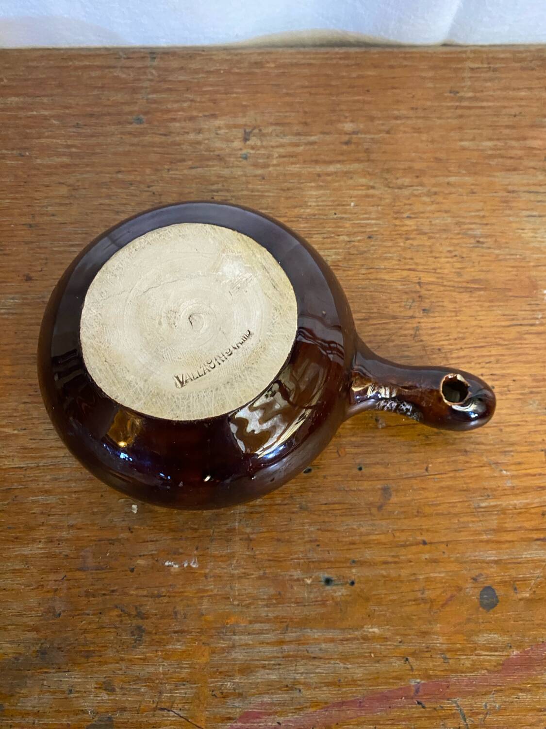 Poêlon vide poche ancien vallauris céramique verte marron caquelon vin
