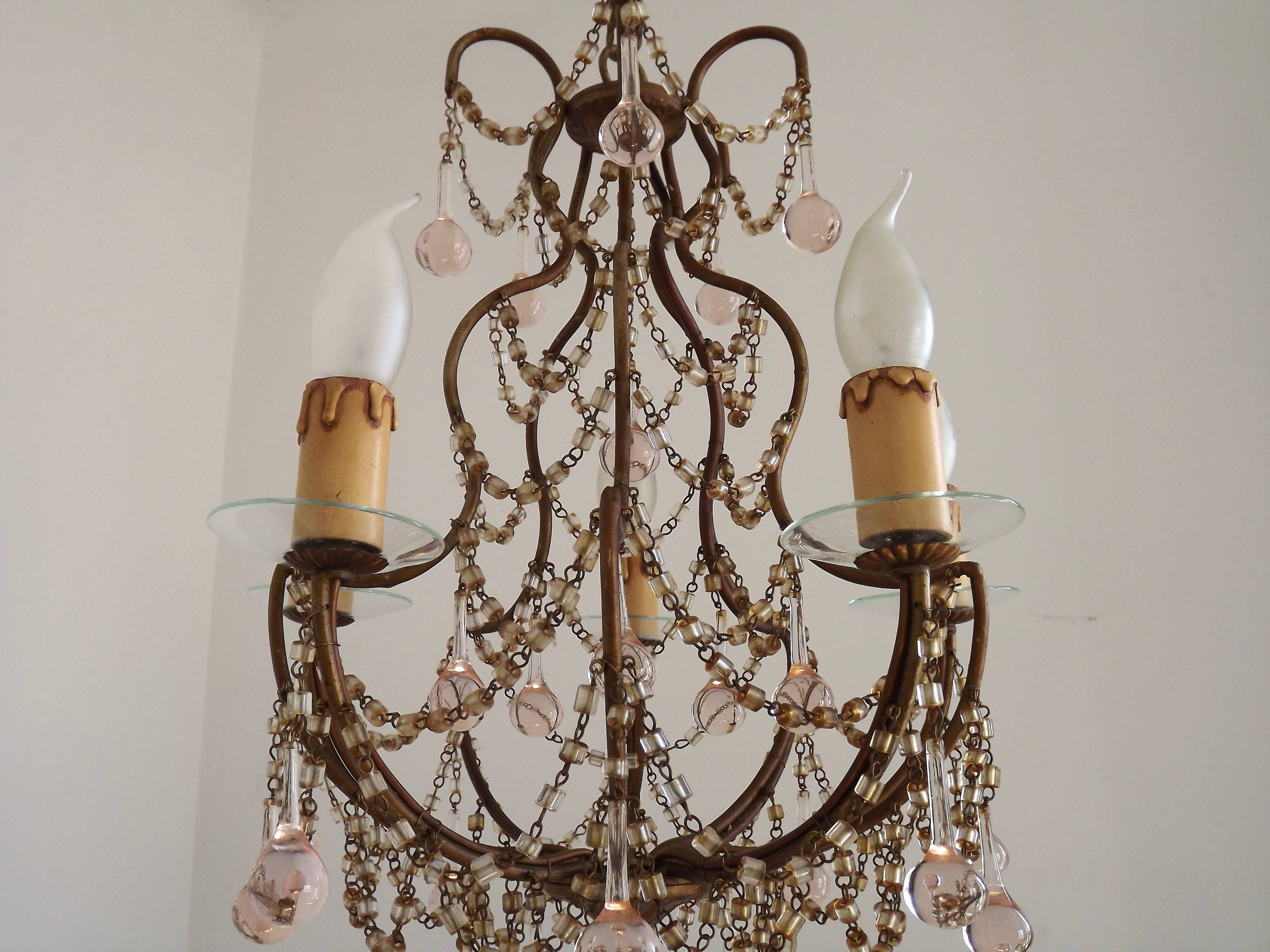 Vintage Italian 5 Arm Gilded Metal Cage Chandelier Beads &Pink Murano Drops