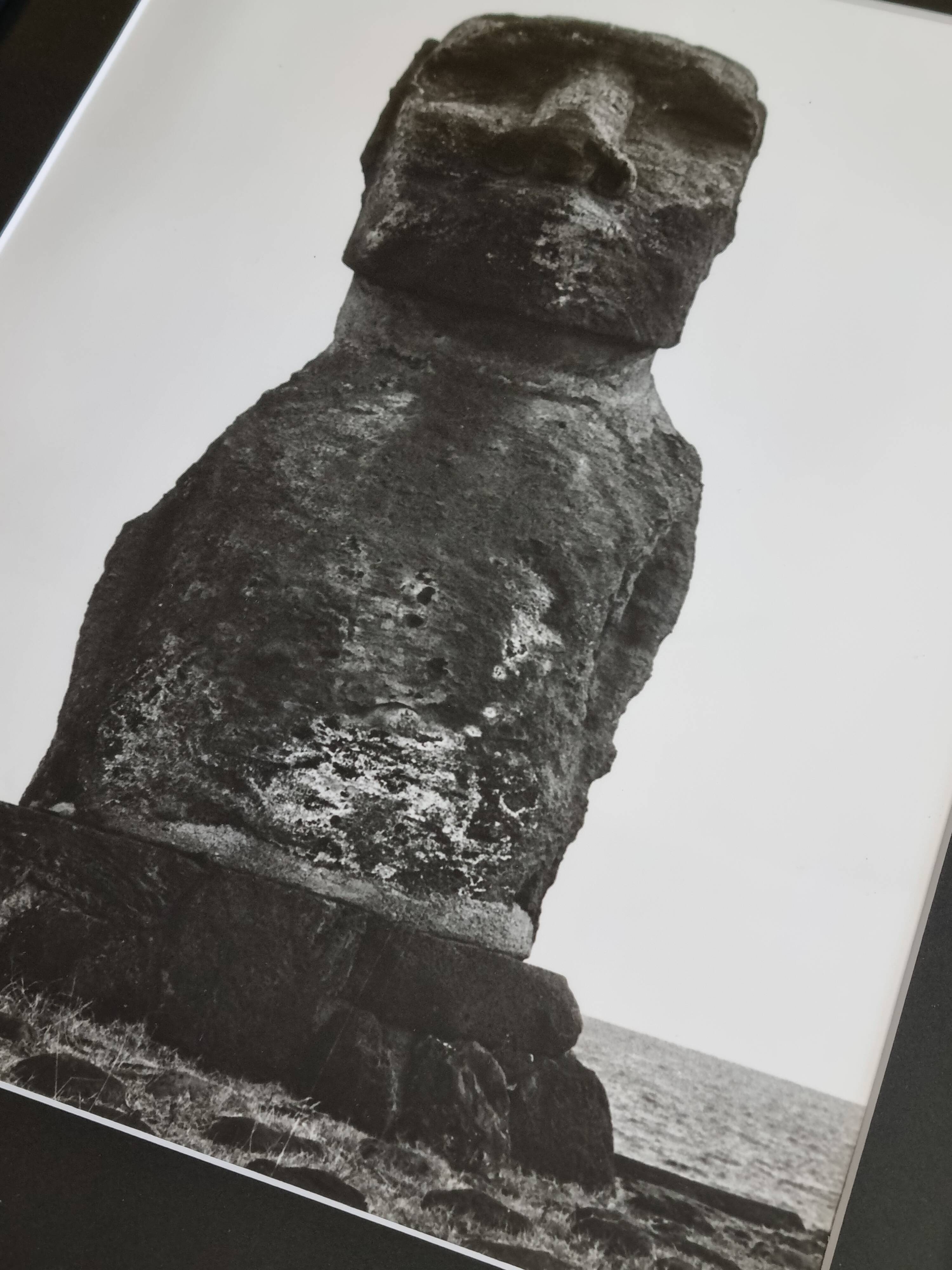 Vintage framed silver print, Moai of Easter Island, ethnological mission from 1970