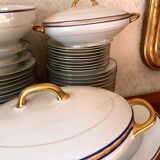 table service art deco limoges porcelain white border blue and gold 61 pieces signed