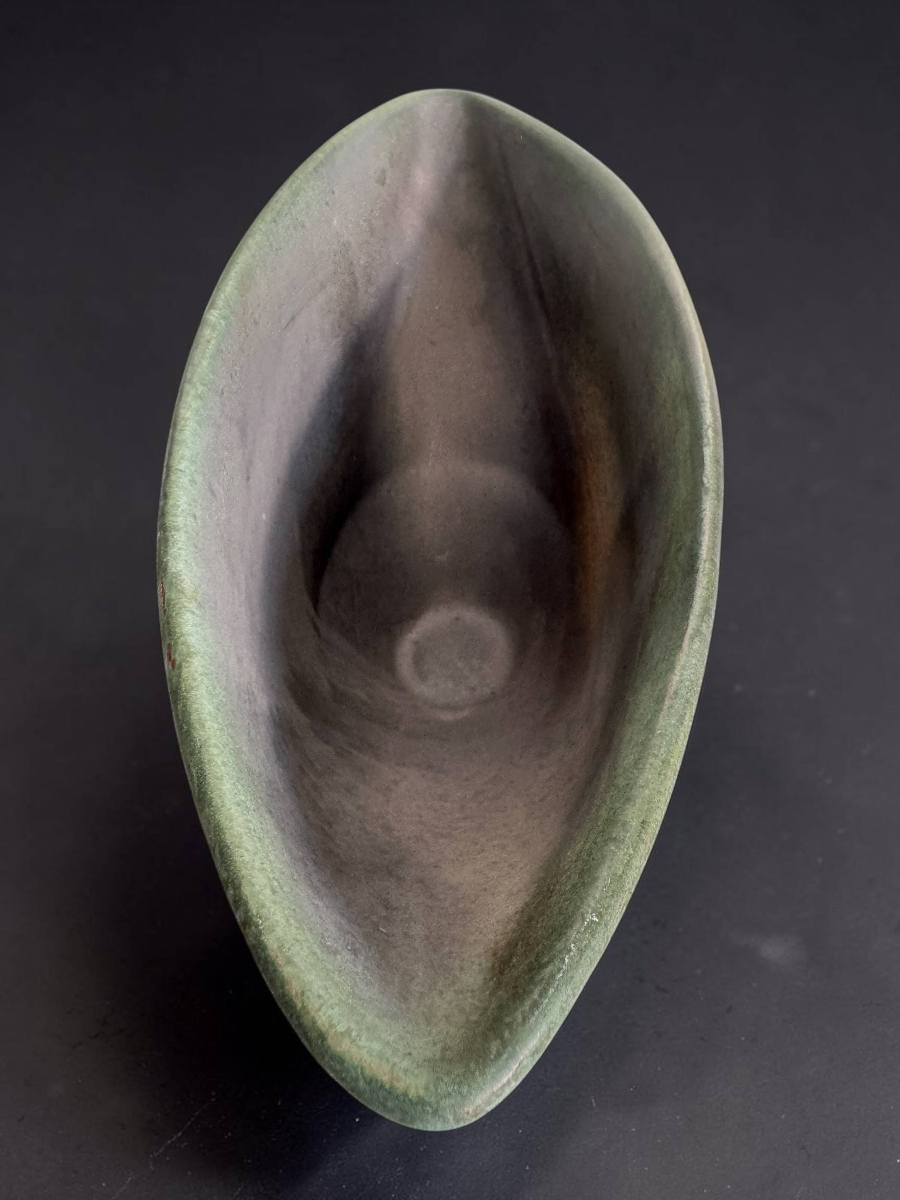 Antonio Lampecco shuttle vase, glazed grey-green ceramic, signed.