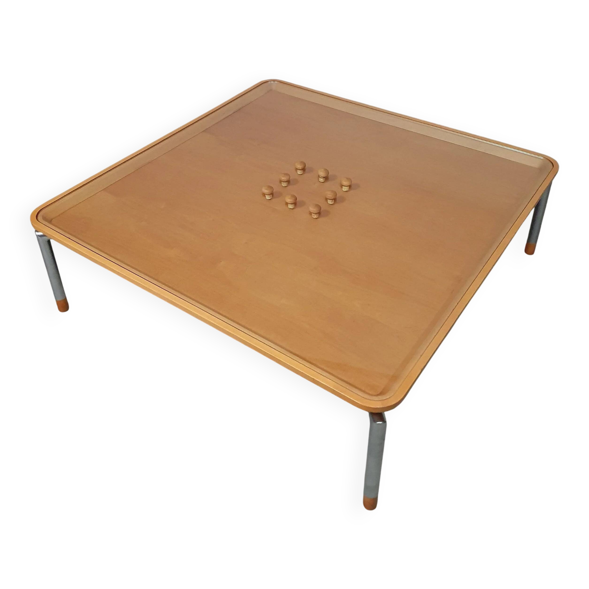 Rare coffee table 110 x 110 x height 35 cm with 8 flange wooden / cork caps in the glass top.