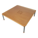 Rare coffee table 110 x 110 x height 35 cm with 8 flange wooden / cork caps in the glass top.