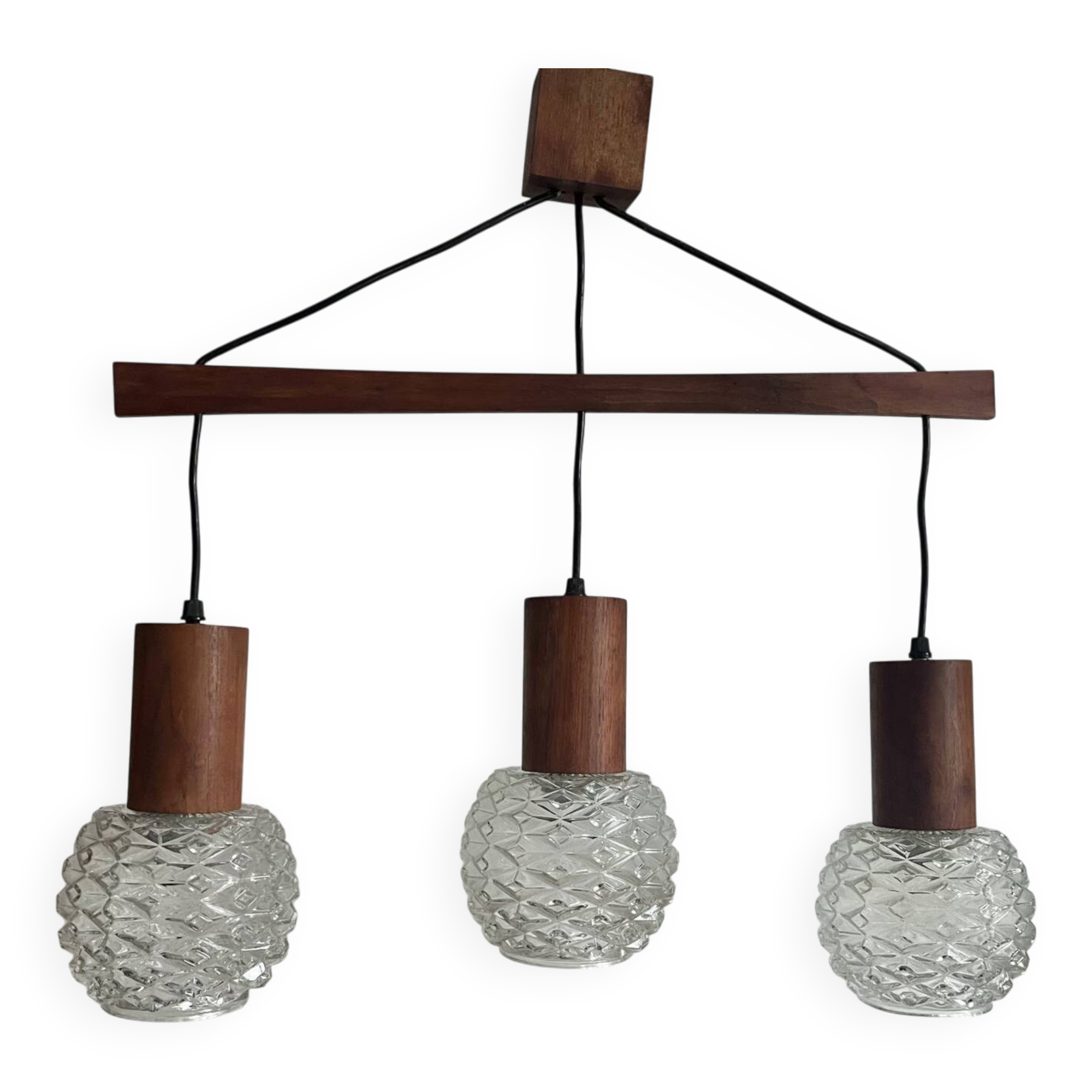 Minimalist 3-globe teak pendant chandelier 60/70
