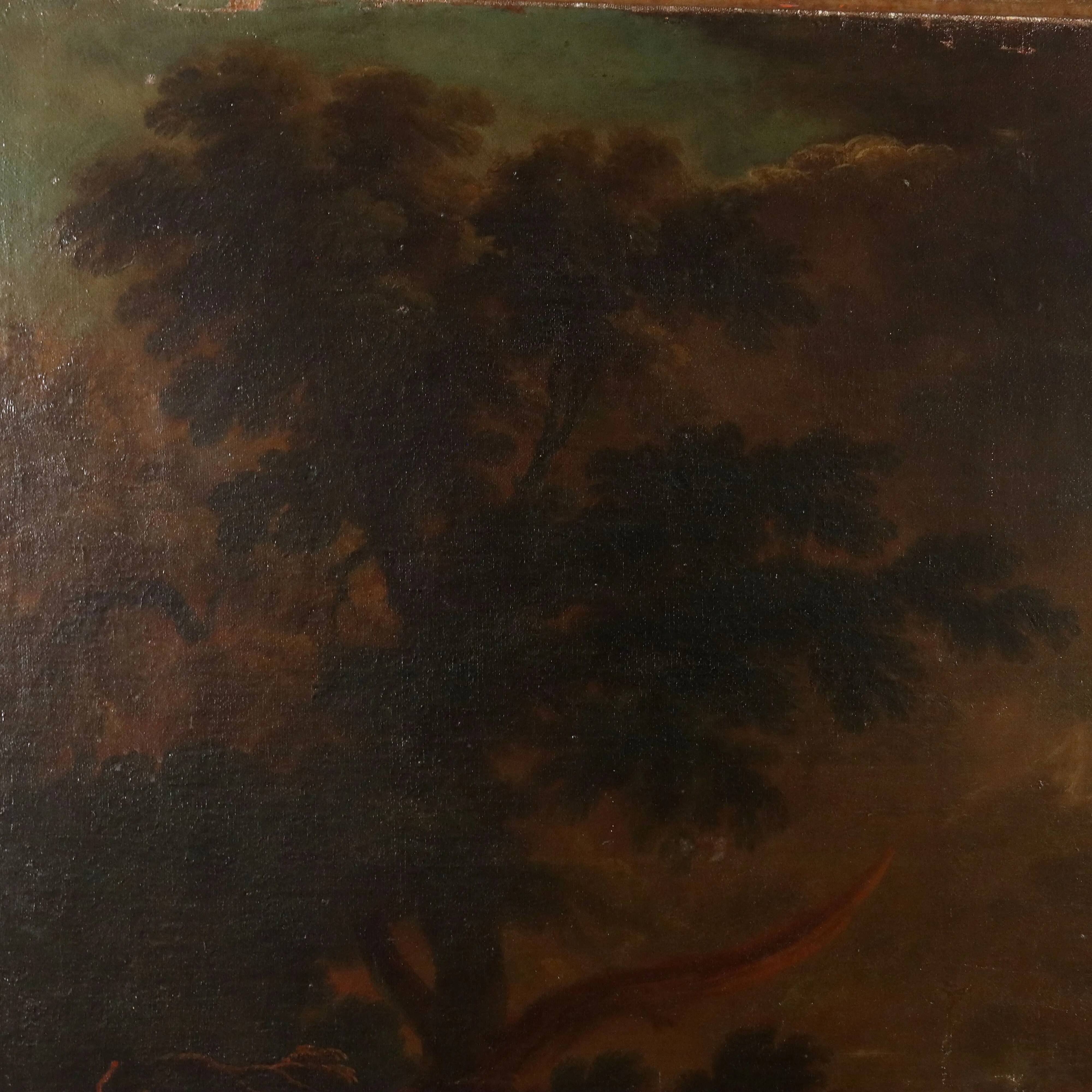 Old painting of a preaching scene, oil on canvas, 18th century.