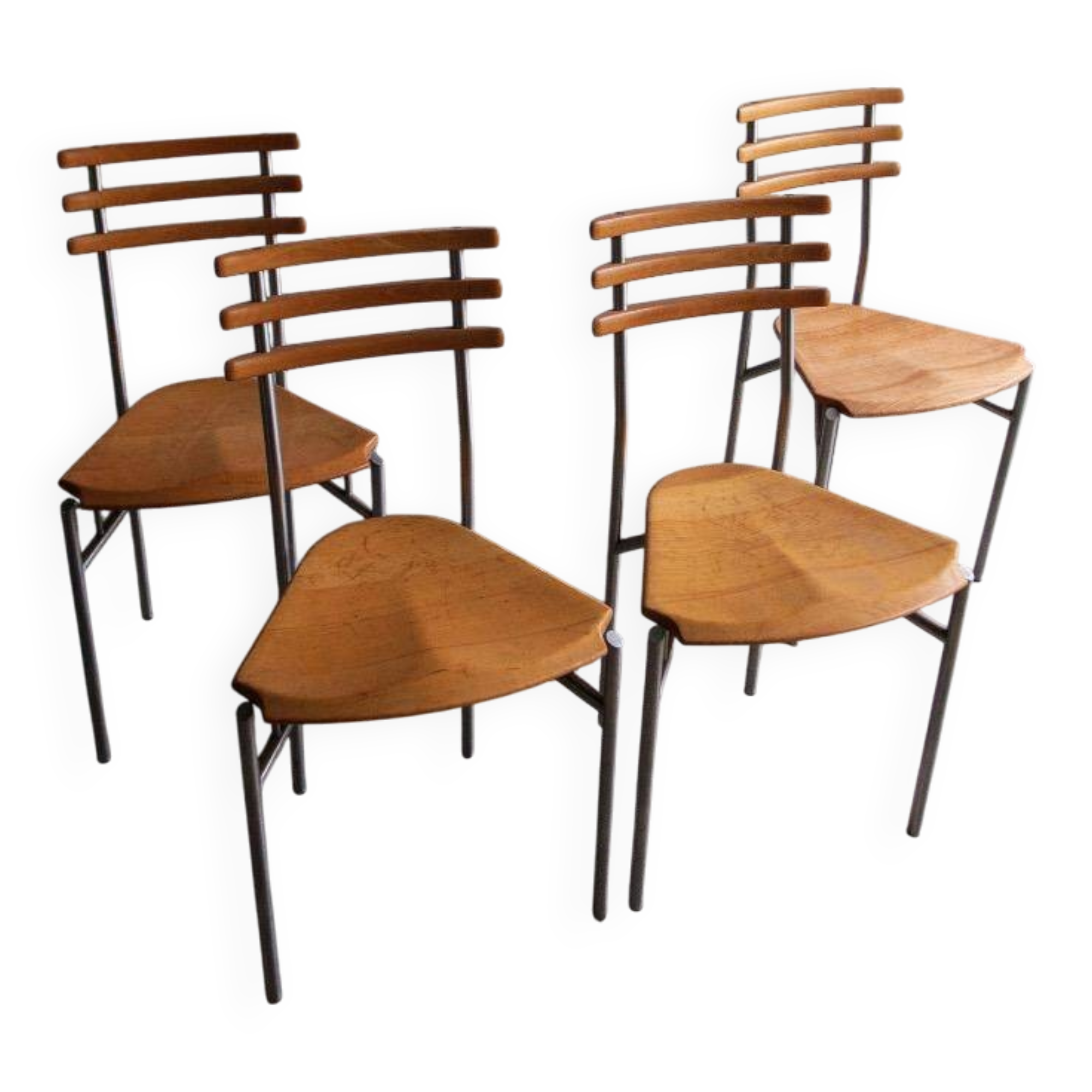 Set of 4 Zumsteg Chairs — Light Wood Seats with Grey Metal Tubular Frames, Postmodern Industrial