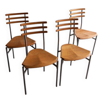 Ensemble de 4 chaises Zumsteg — Assises en bois clair et structures tubulaires en métal gris, style industriel postmoderne