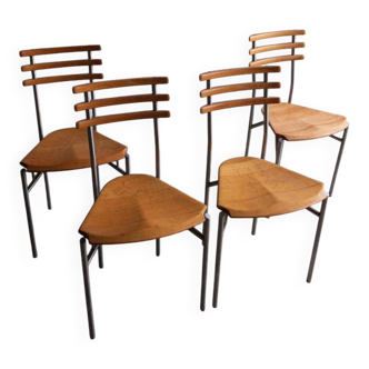 Set of 4 Zumsteg Chairs — Light Wood Seats with Grey Metal Tubular Frames, Postmodern Industrial