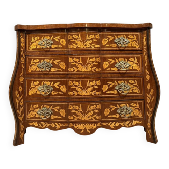 Louis XV style curved chest of drawers of Dutch origin in marquetry