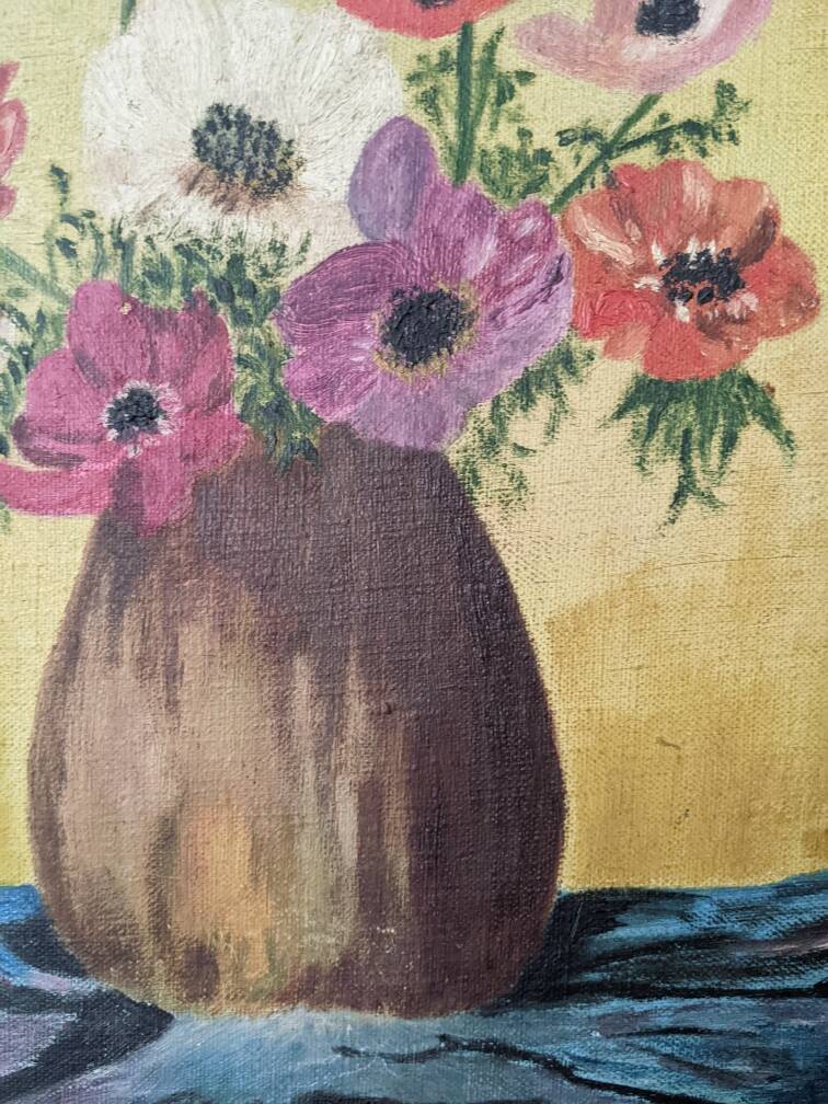 Acrylic painting on canvas, old still life, bouquet of flowers
