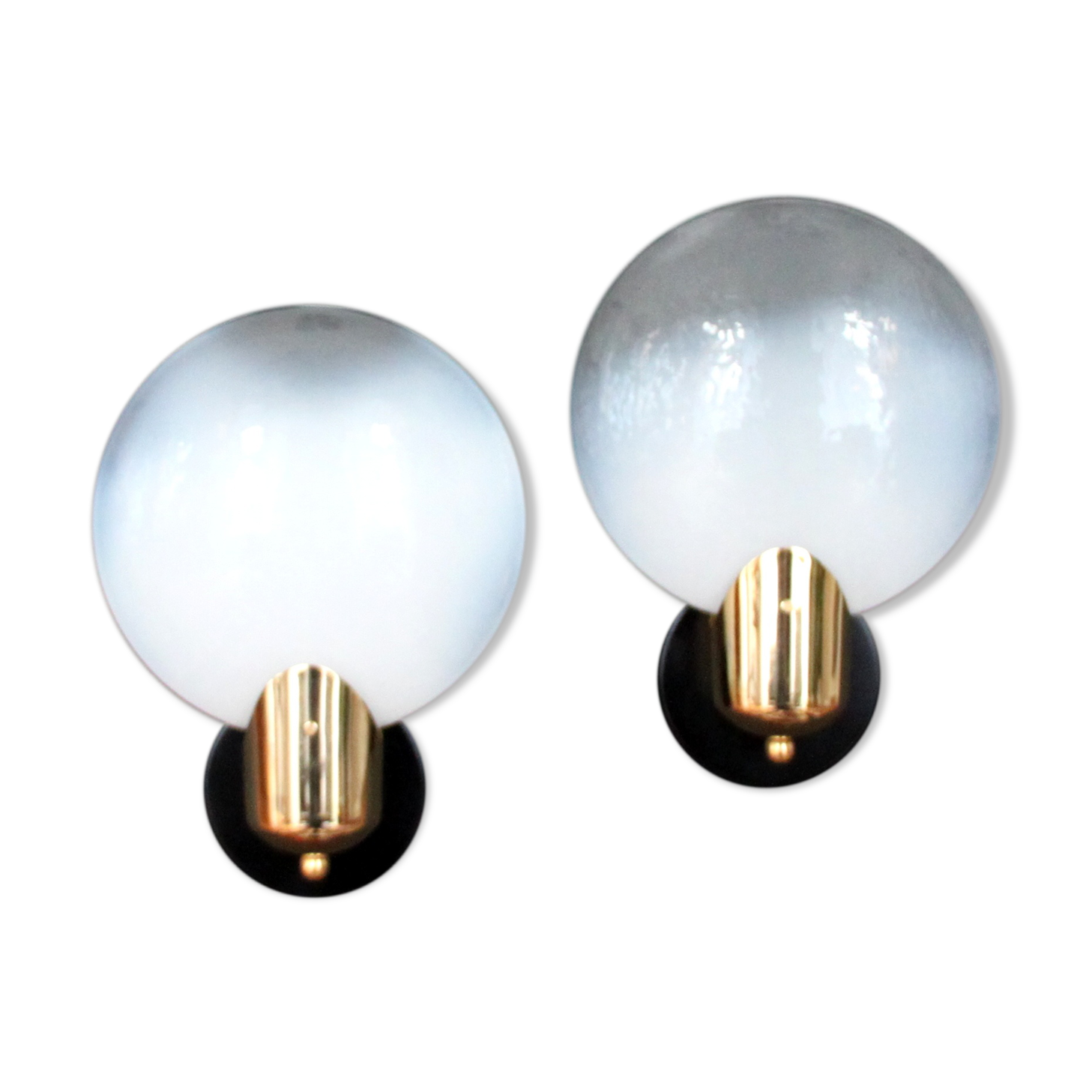 Pair of vintage wall lamps glass globe opalescent gold metal circa 1960