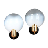 Pair of vintage wall lamps glass globe opalescent gold metal circa 1960