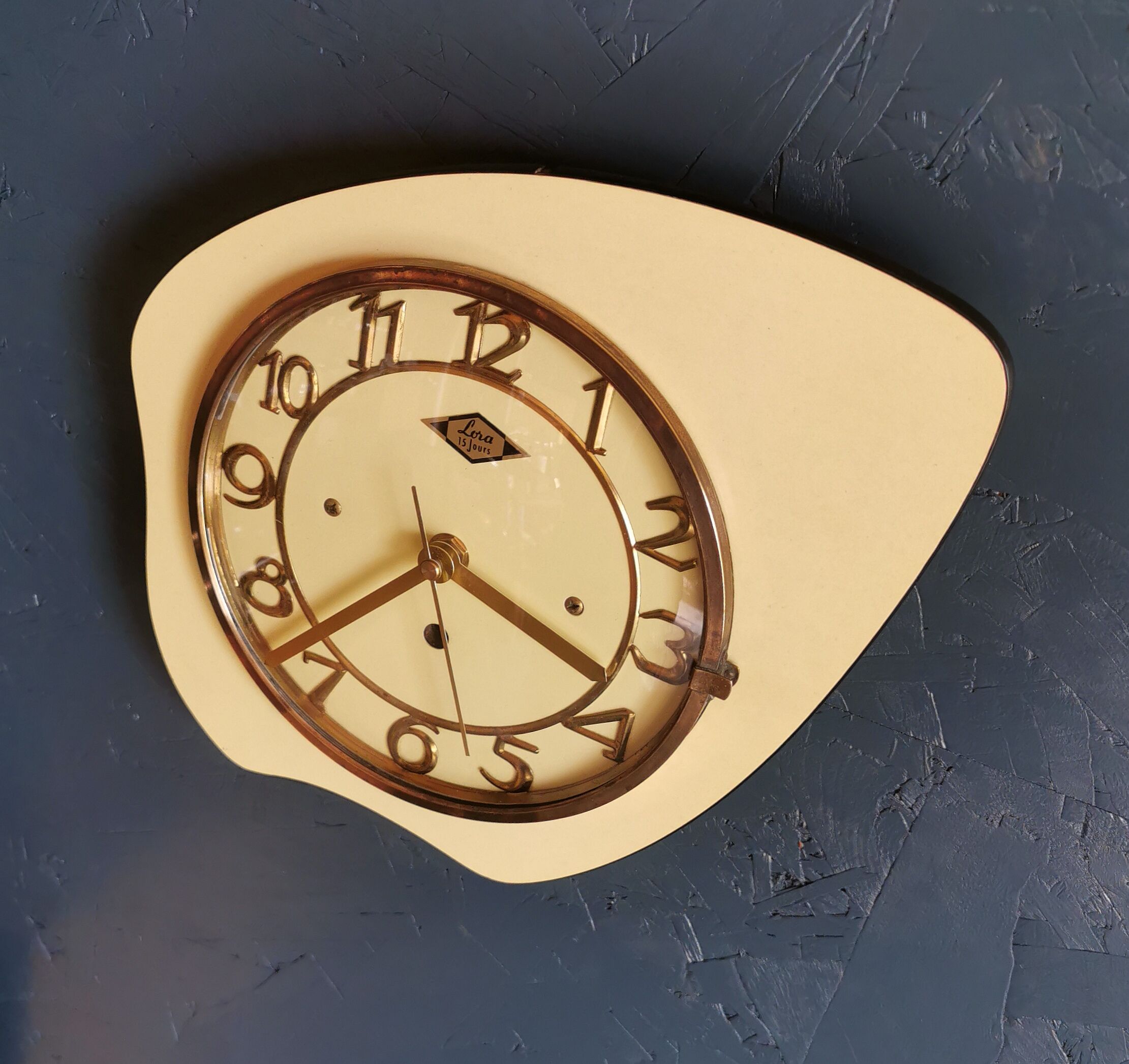Vintage Formica clock silent asymmetrical wall pendulum "Yellow Lora"