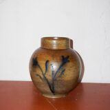 Vase à fleurs en grès * vase vintage en poterie marron avec motif floral bleu peint à la main * milieu du siècle