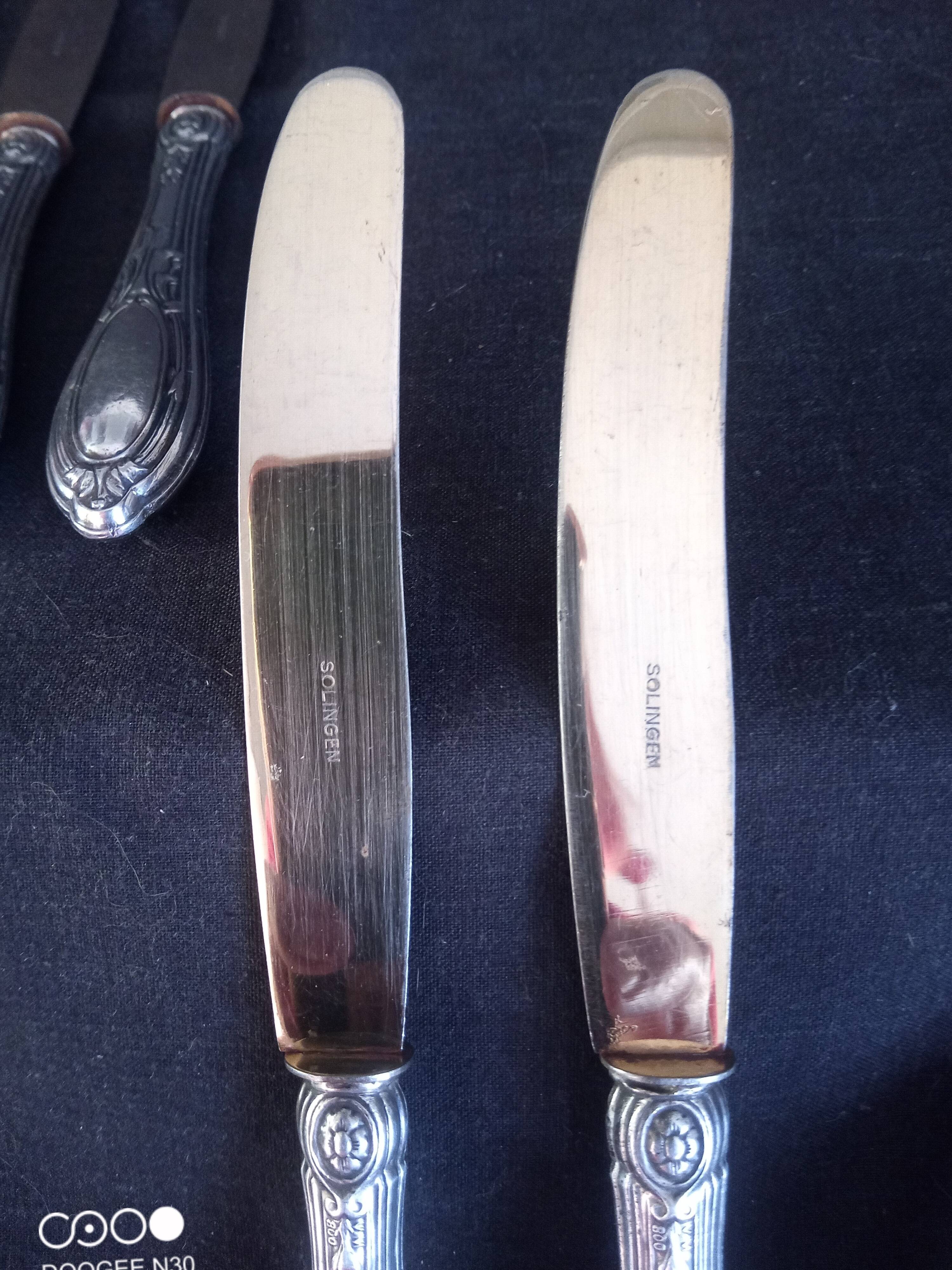 Set of 7 old cheese knives, Solingen brand, in VM800 silver and vermeil