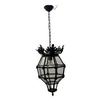 Suspension lumineuse en fer forgé et verre noir, années 1950