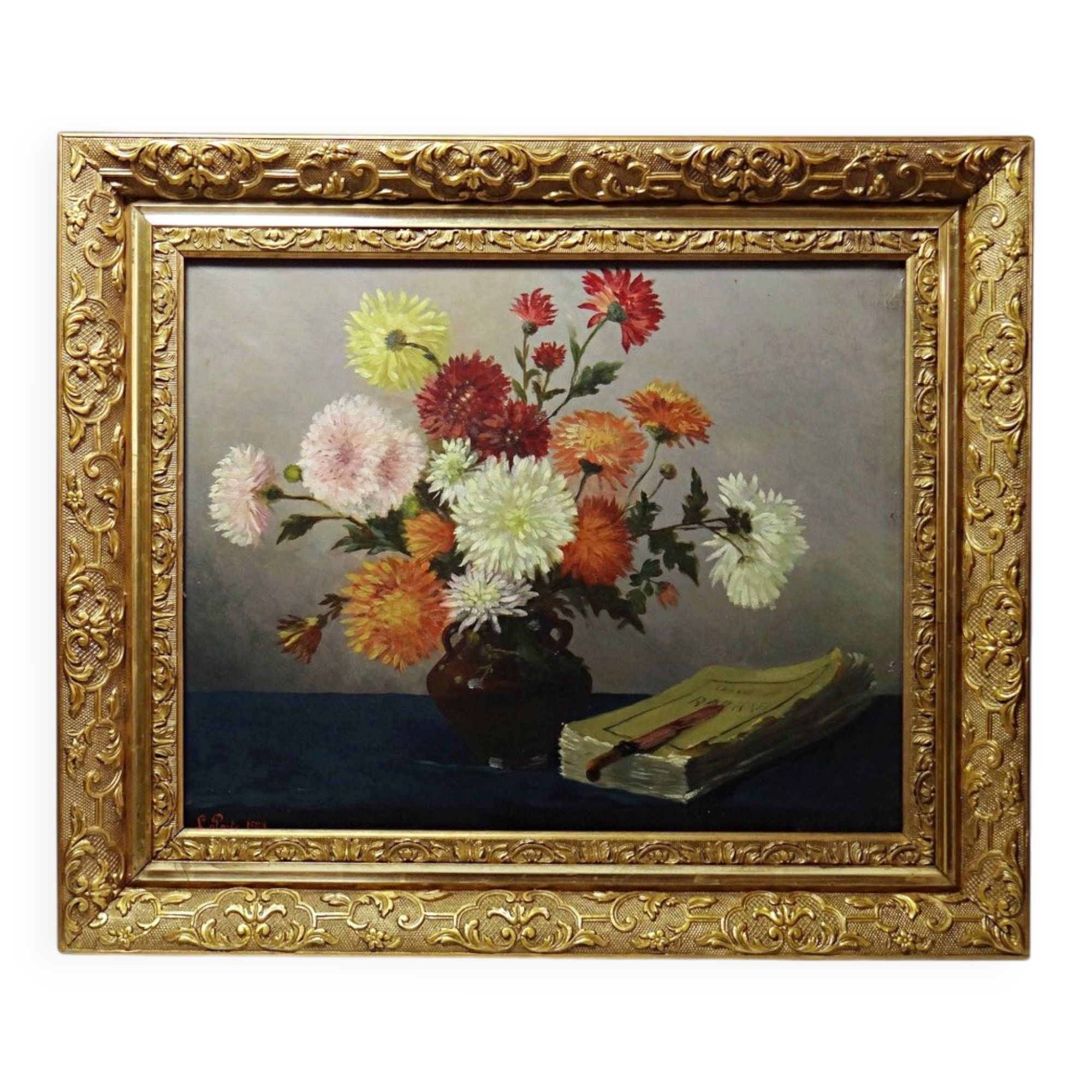 Oil painting on canvas, still life with chrysanthemums, signed L.Porte 1888.
