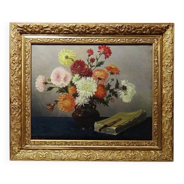 Tableau huile sur toile, nature morte aux chrysanthèmes, signé L.Porte 1888